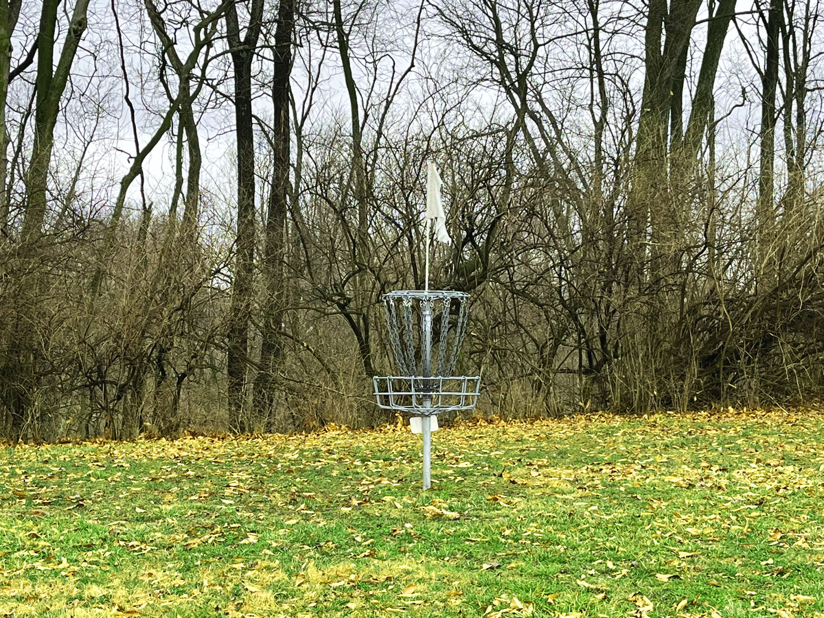 A disc golf basket